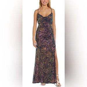 Morgan & Co. Sequin Drape-Neck Sleeveless Gown, Size 7